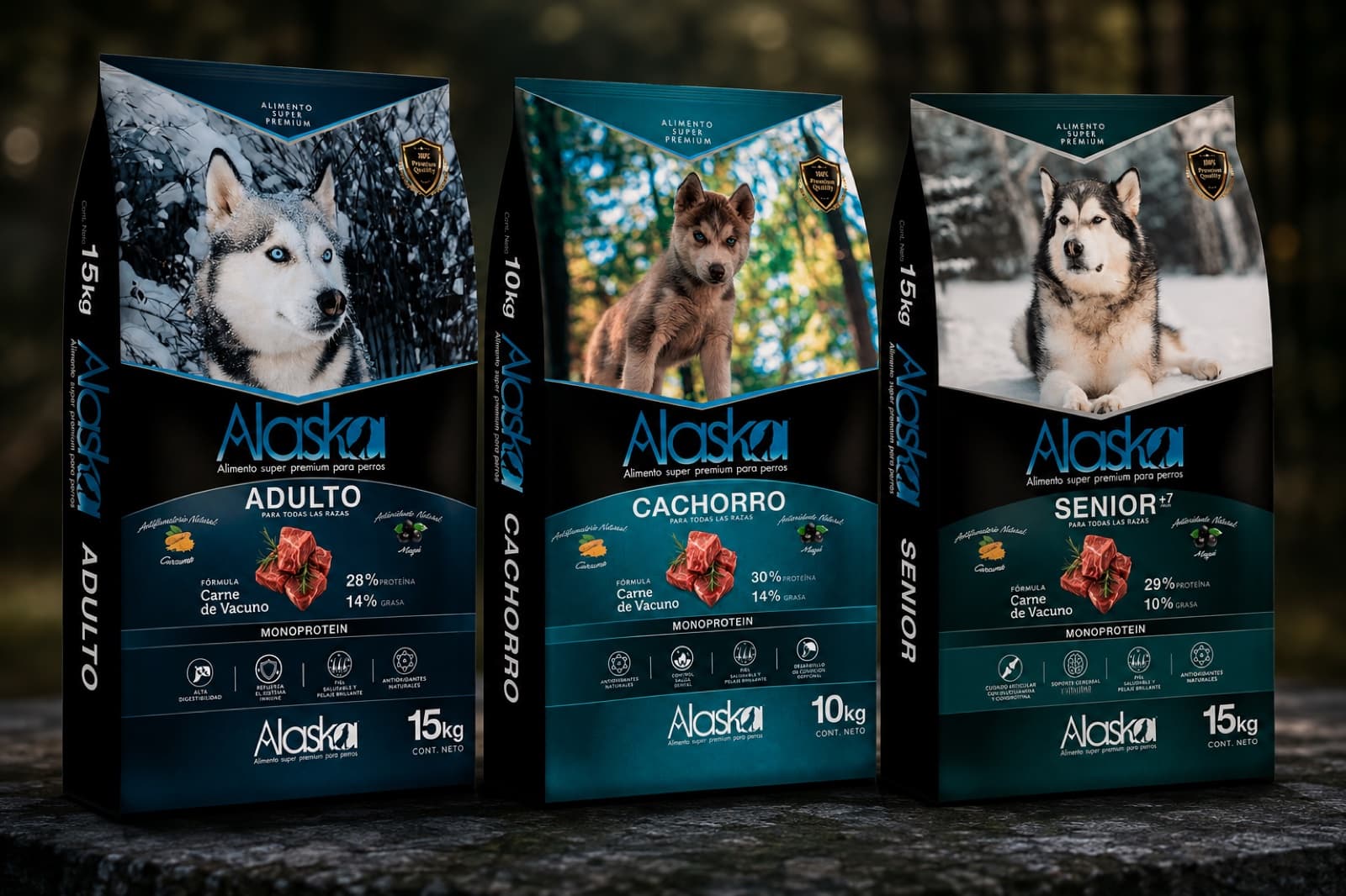 Los tres formatos de Alaska Premium —Adulto 15 kg, Cachorro 10 kg y Senior 15 kg— sobre una roca en el bosque